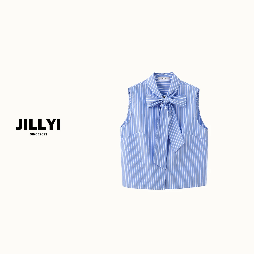 JILLYI【蓝调调色盘】蓝白条纹领口绑带大蝴蝶结无袖时尚百搭衬衫