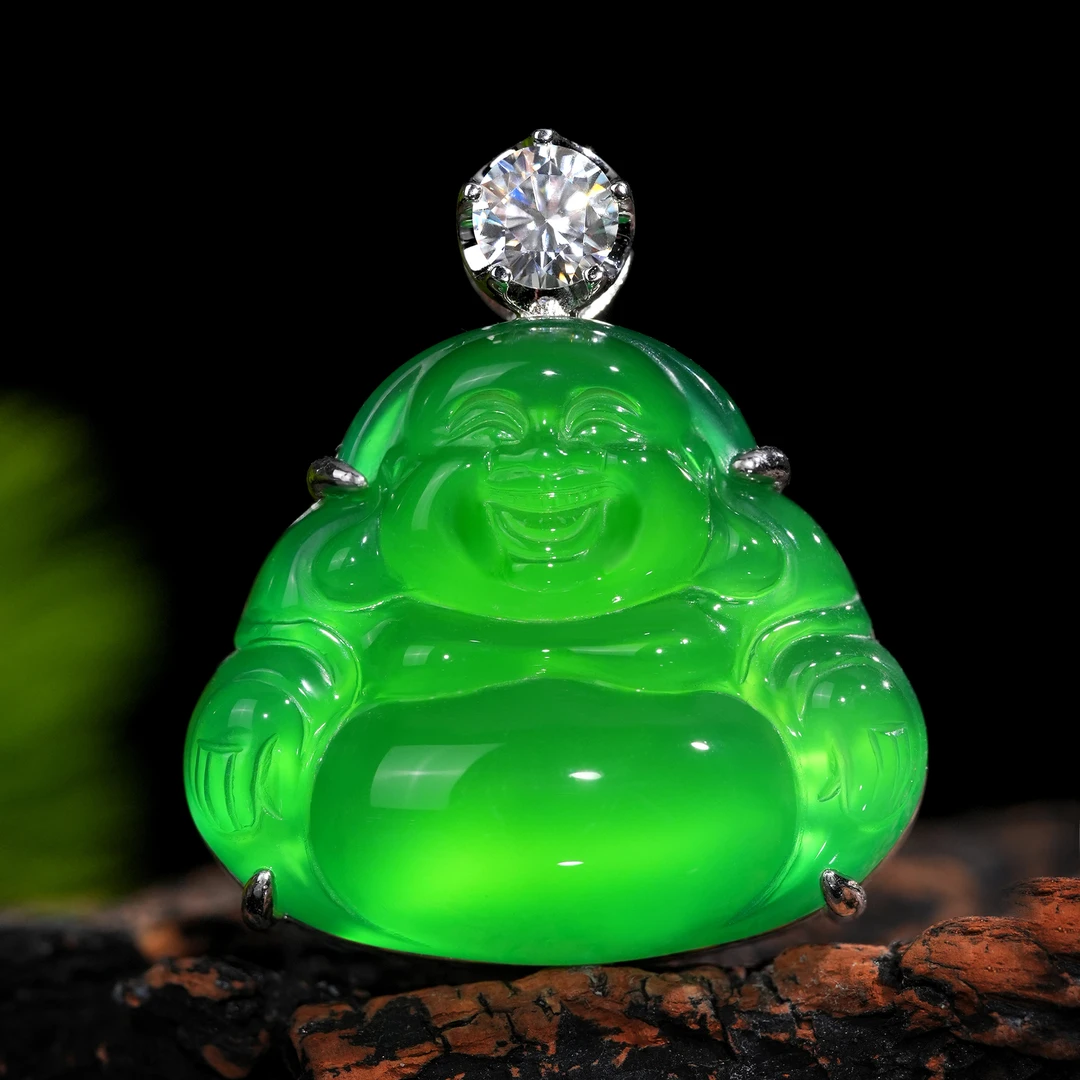 VISING天然马料绿玉髓大佛公吊坠项链一克拉莫桑钻镶嵌S925银