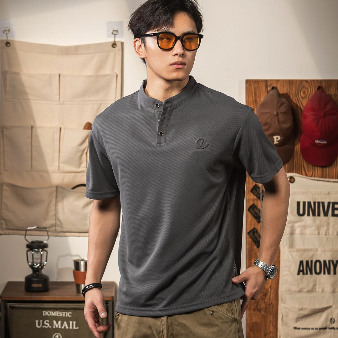 美式复古高端亨利领t恤男立体钢印短袖2025夏宽松硬汉透气亨利衫