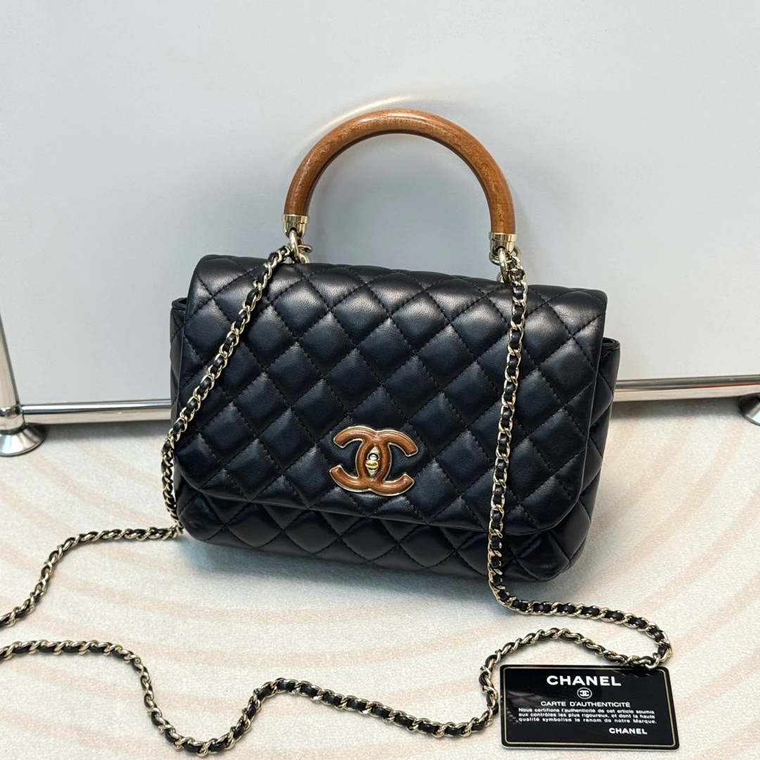 95新 Chanel/香奈儿 Chanel黑金羊皮梨花木手柄链条包/644087151