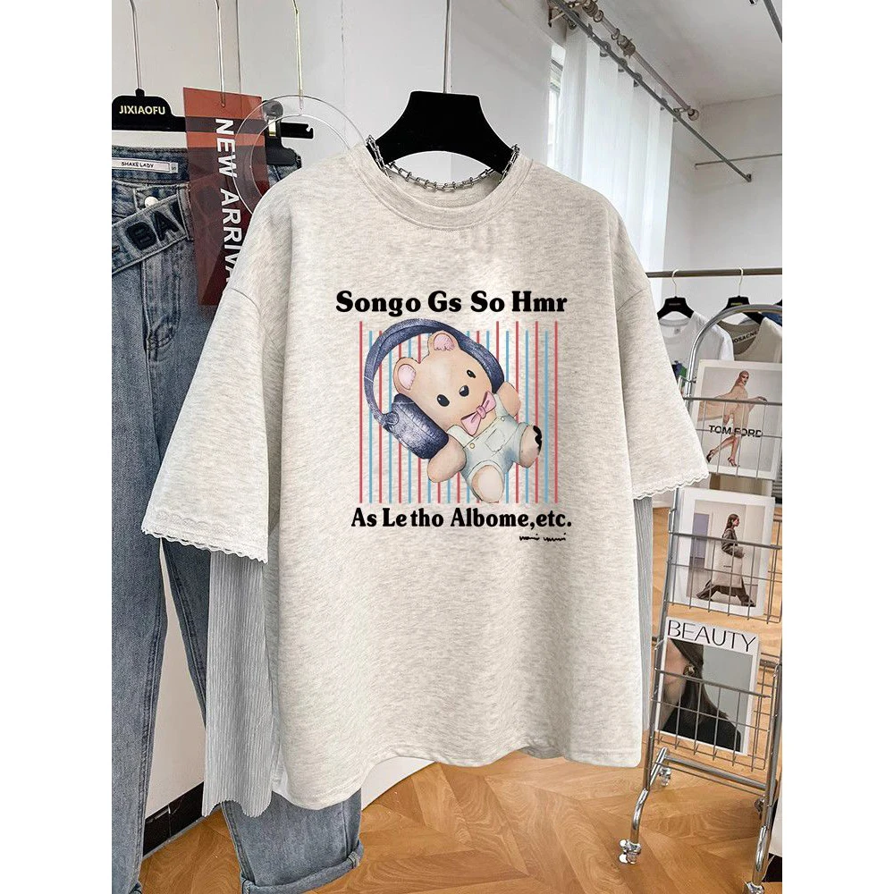 胖妹妹240斤大码小众设计感假两件拼接条纹长袖女春秋宽松T恤上衣