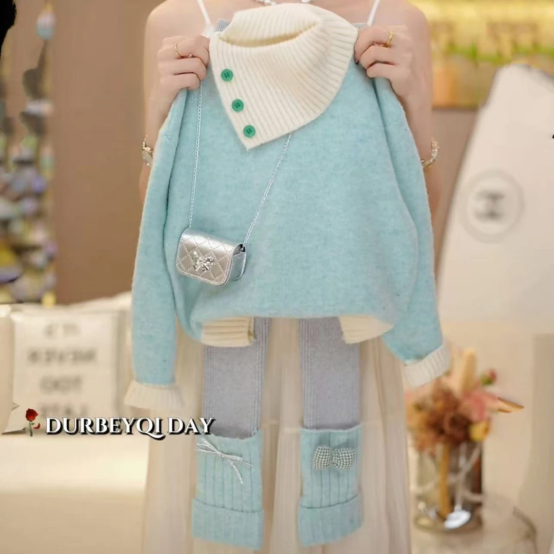 女童毛衣打底裤套装春秋2025新款洋气冬装翻领针织开衫堆堆袜甜美