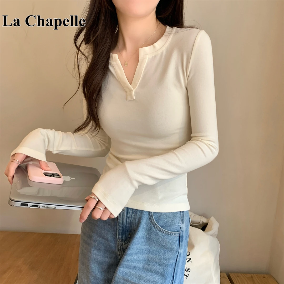 拉夏贝尔半开领长袖T恤女修身韩系早秋高级感v领内搭短款打底上衣