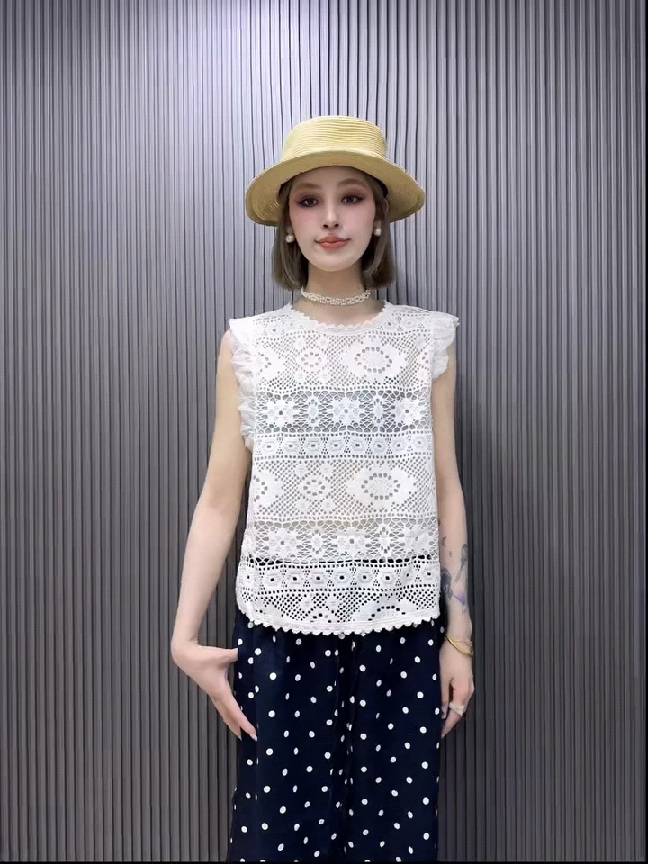 甜美减龄蕾丝镂空钩花无袖马甲背心女夏季小个子显瘦上衣