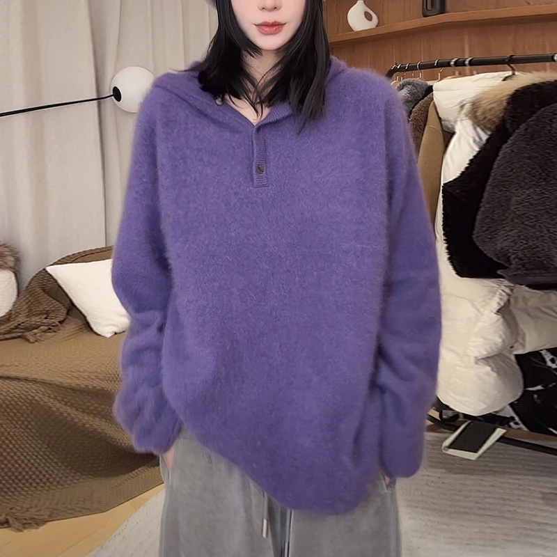 慵懒风紫色连帽毛衣女士秋冬新款洋气减龄宽松显瘦打底针织衫上衣