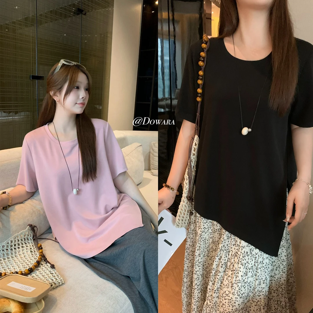 现货大婉酱微胖定制【奶皮t】不规则下摆开叉T恤夏季短袖上衣 8682D