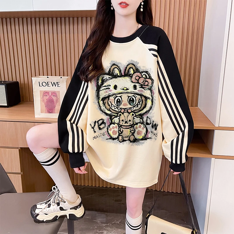 宽松中长款卡通卫衣女秋冬2025爆款韩版设计感三条杆百搭大码上衣