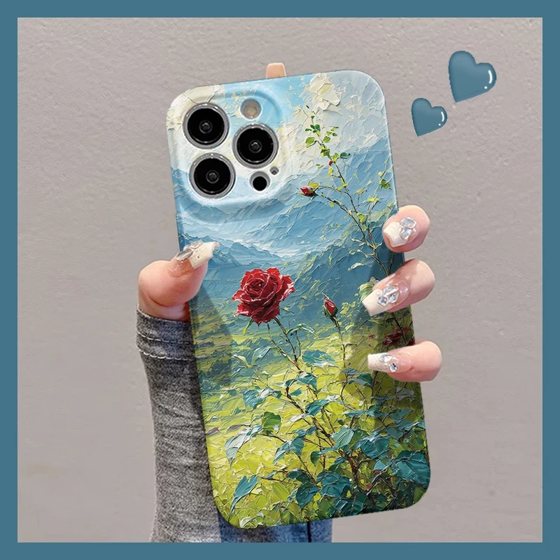 油画山间玫瑰适用苹果16手机壳华为创意vivo小米15全包oppo菲林壳