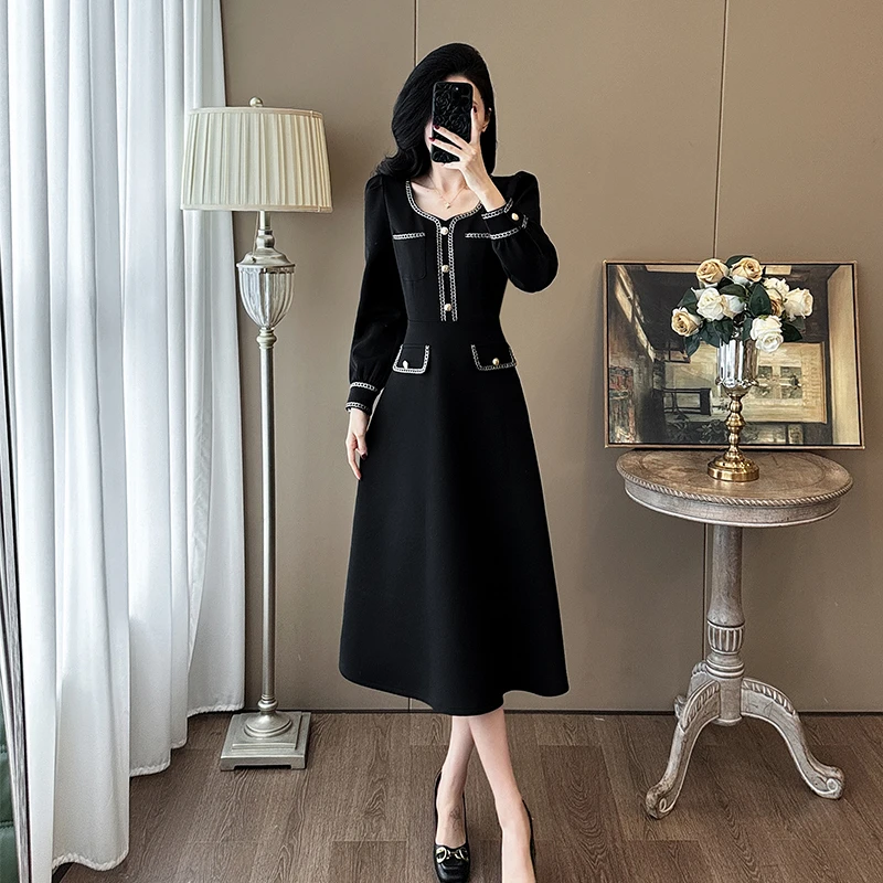 纳凡2025春季新款超显瘦连衣裙女气质黑色长袖小香风中长款裙子
