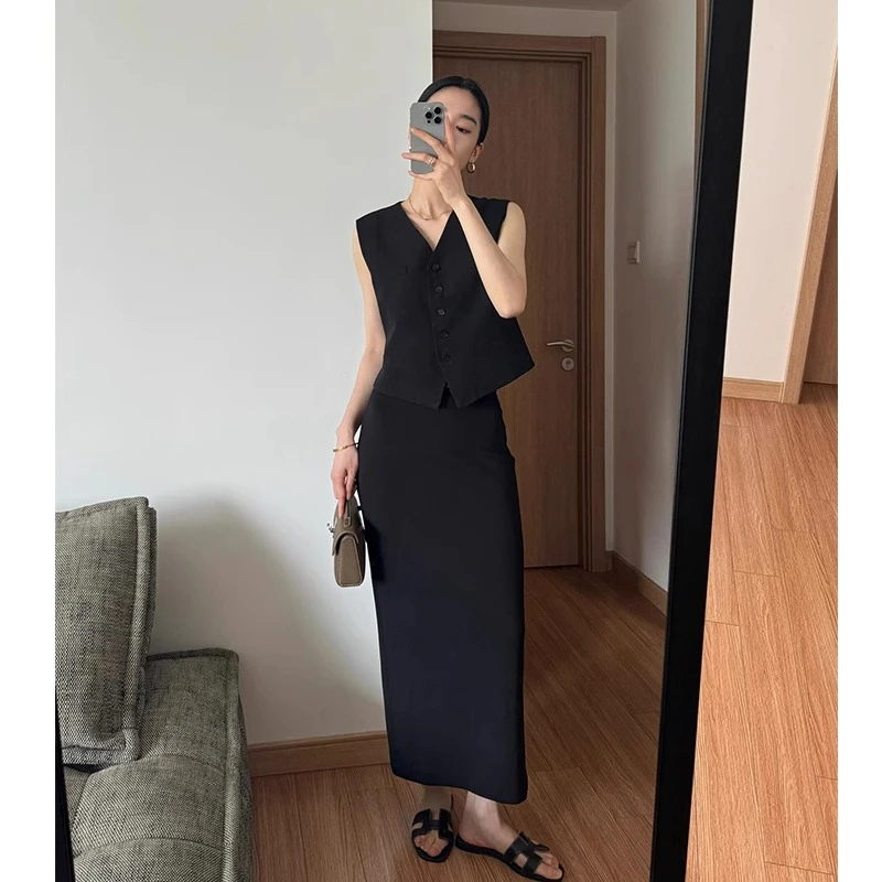 黑色西装马甲套装女2025夏季时尚老钱风洋气无袖上衣半身裙两件套