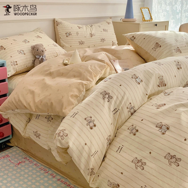 啄木鸟简约卡通纯棉床上四件套全棉2025新款被套床单床笠款三件套