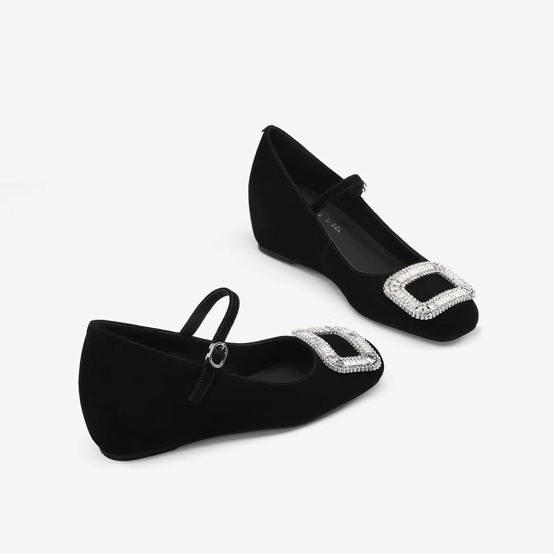 水钻方扣一字带浅口单鞋女2025秋款内增高玛丽珍鞋通勤工作高跟鞋