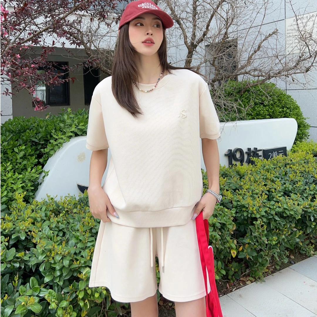 T103夏季新款时尚潮流百搭韩版刺绣字母S短袖短裤女士套装25-78