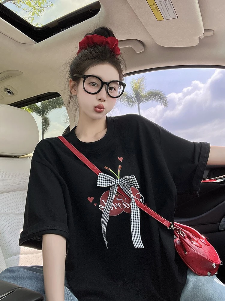 新款美式复古蝴蝶结拼字母印花短袖T恤女2025初夏宽松慵懒感上衣