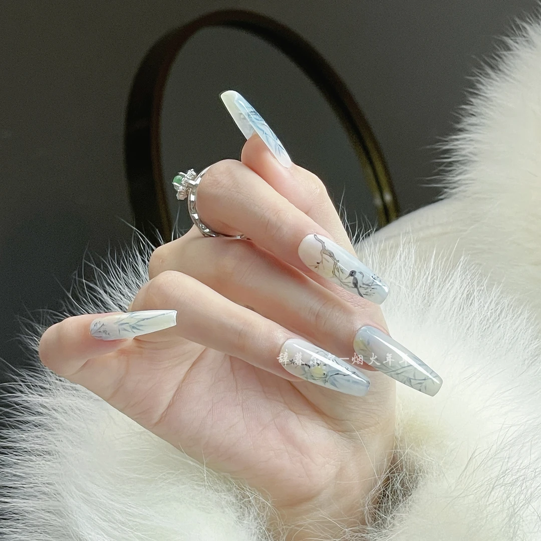 【别枝惊鹊】亮面梨花蓝枝喜鹊手绘纯手工穿戴甲清冷