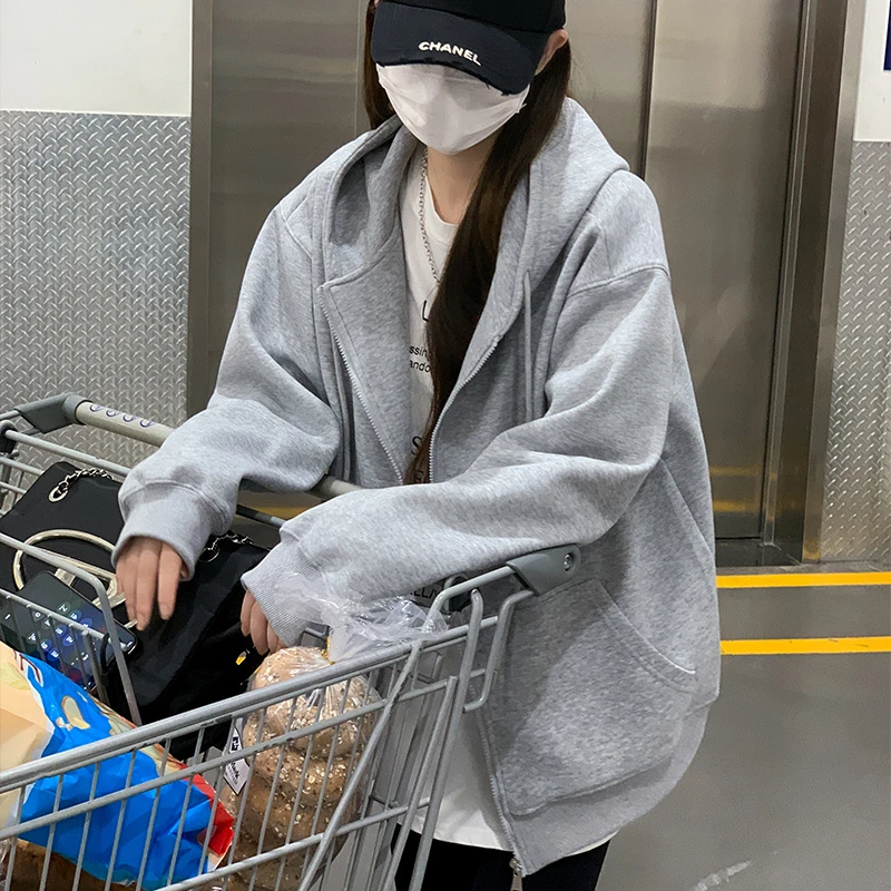 醉梓菡灰色连帽卫衣女春秋季新款外套韩系慵懒风小个子开衫上衣