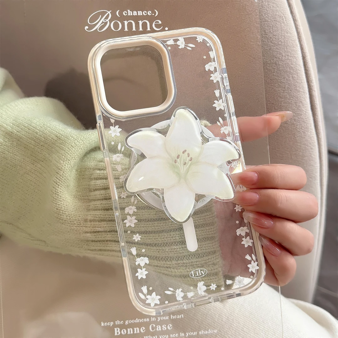 ins百合花磁吸支架16pro max透明iPhone15手机壳适用13防摔清新14