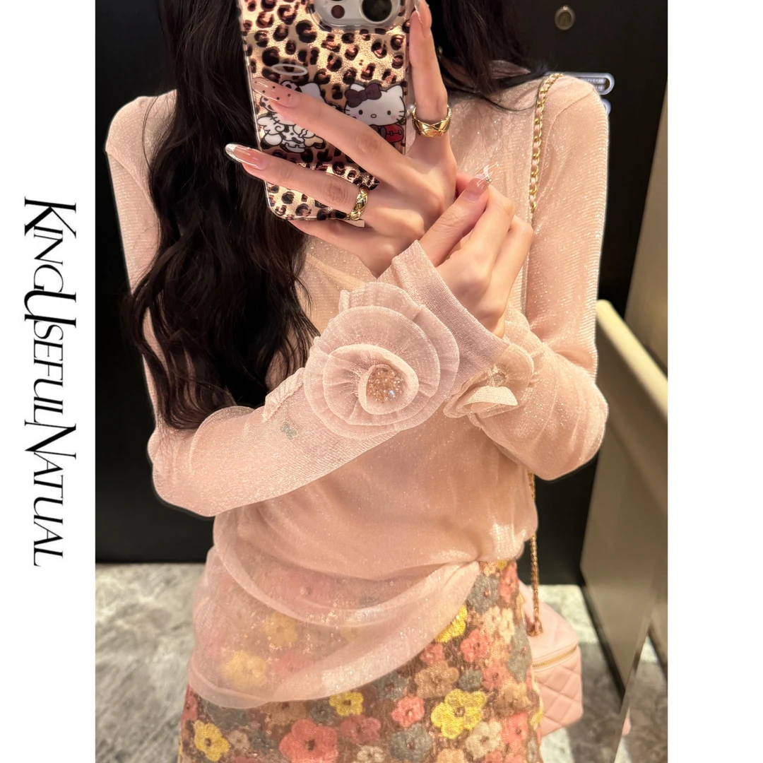 KUN【珊瑚海】克制小sexy 袖口手工盘花大圆领亮丝弹力微修身上衣