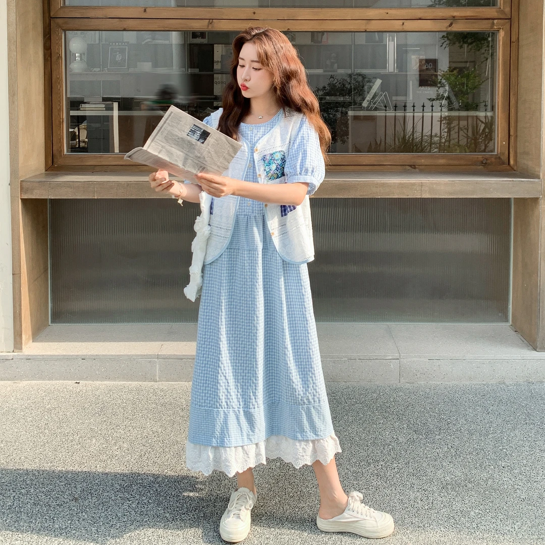 印花马甲叠穿格子连衣裙套装女俏皮减龄小香风两件套夏季2025新款