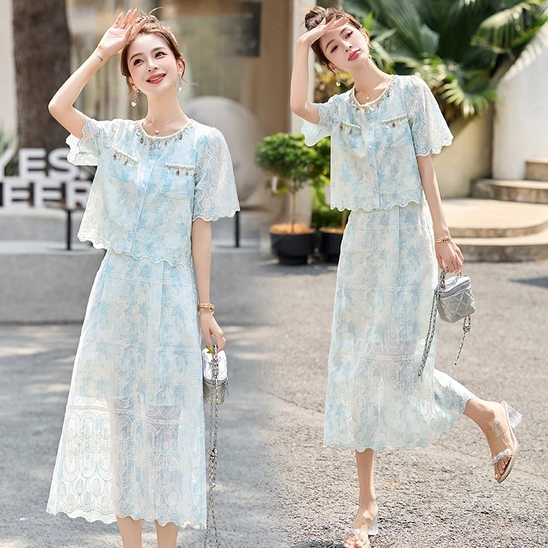 法式小香风蕾丝套装女2025年夏季新款高级感气质名媛半身裙两件套