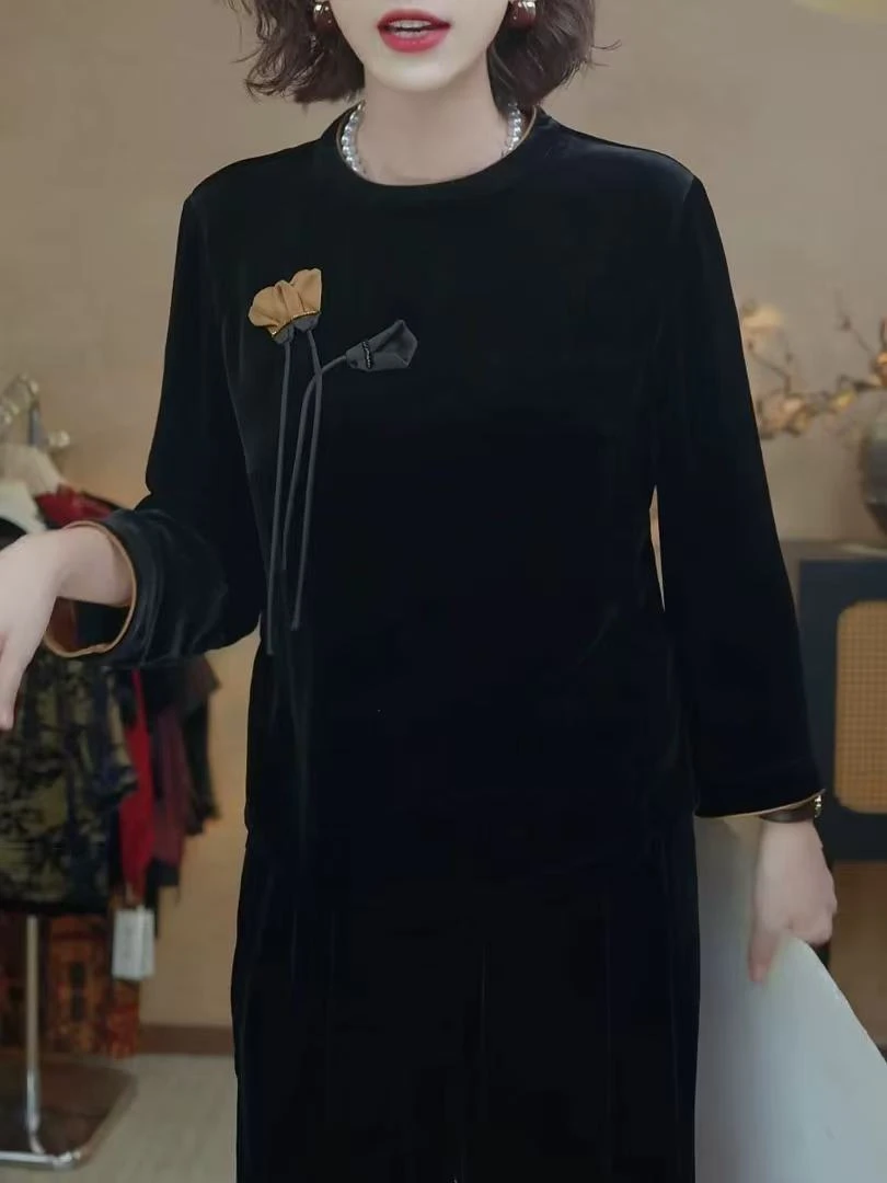 9039#秋季新款时尚百搭显瘦气质女装长袖丝绒上衣