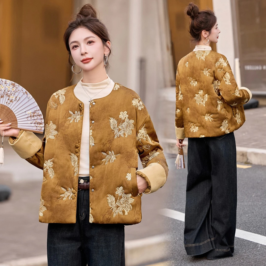 新中式国风刺绣棉服女装2025冬季新款高级感复古气质短款棉衣外套