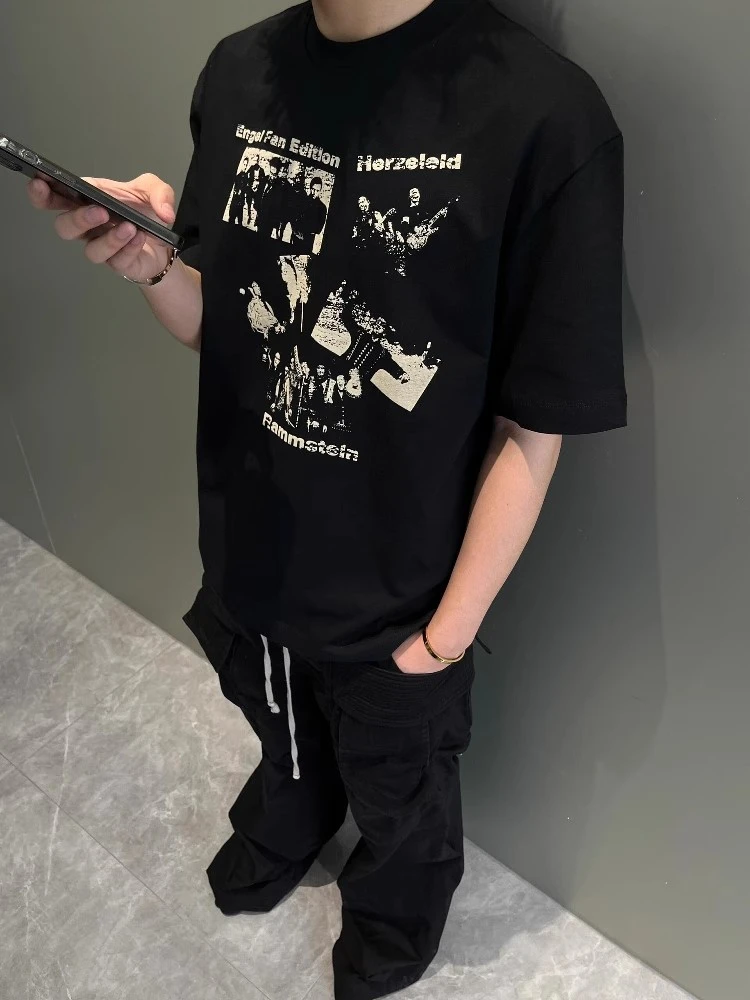 夏季宽松圆领摇滚印花230G短袖印花设计感纯棉百搭T恤休闲潮流男