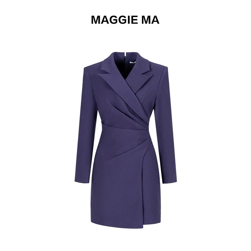 MAGGIE MA马婧设计师款气质通勤不规则收褶层次感西装连衣裙016D