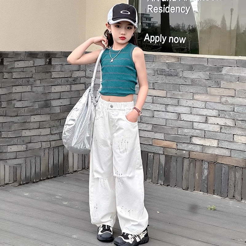 童装工装裤破洞牛仔裤时髦高档洋气女孩宽松2025年潮款款女童日韩