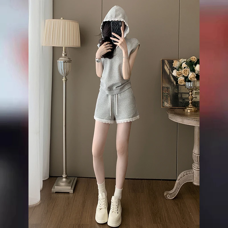 简约运动套装小个子夏季薄款宽松短裤气质时尚蕾丝连帽卫衣女休闲