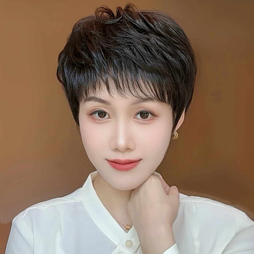纹理烫女士夏季轻薄透气短卷发真人发丝假发全头套遮白发