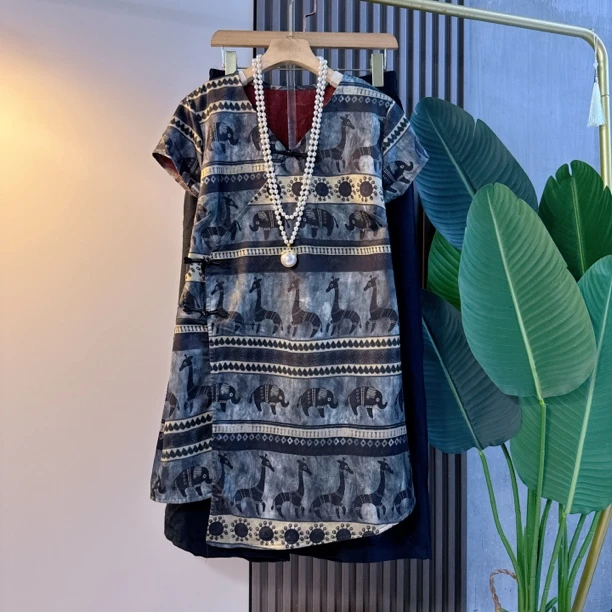 新中式夏季新款大码女装时尚复古国风盘扣大衫阔腿裤休闲气质宽松