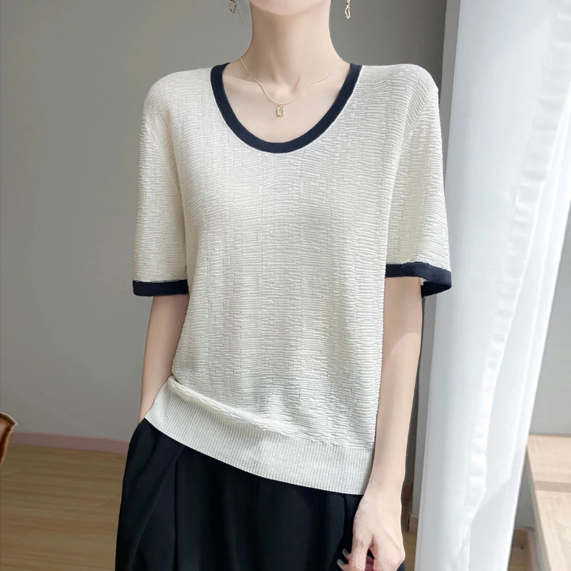 夏季新款短袖显瘦百搭撞色圆领时尚洋气气质薄款套头