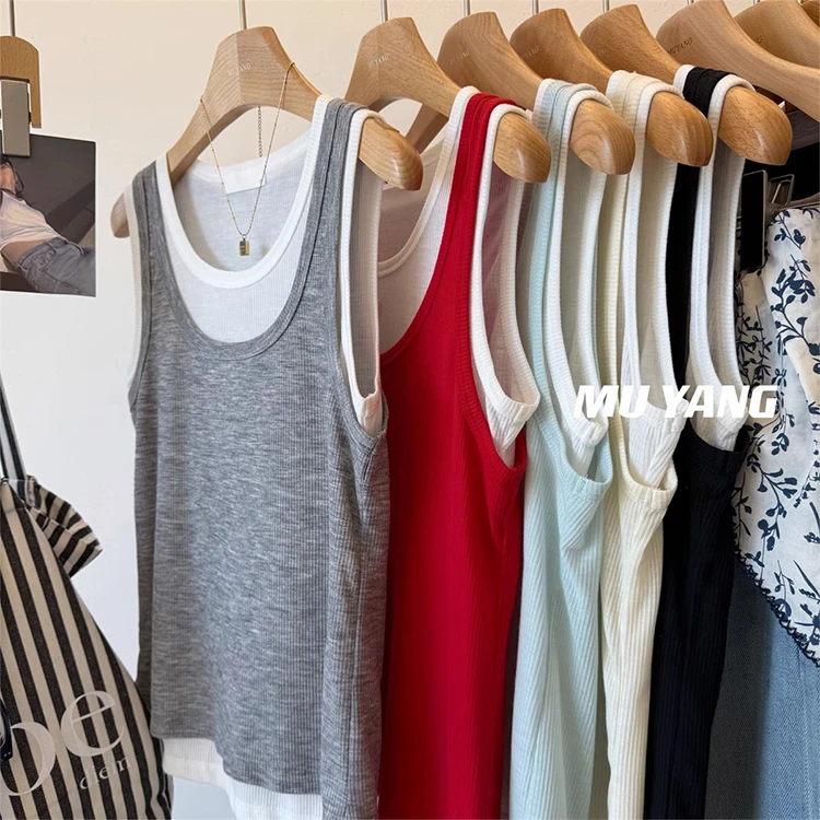 欧洲站U领假两件拼接无袖背心女宽松休闲显瘦夏季高级感外穿上衣