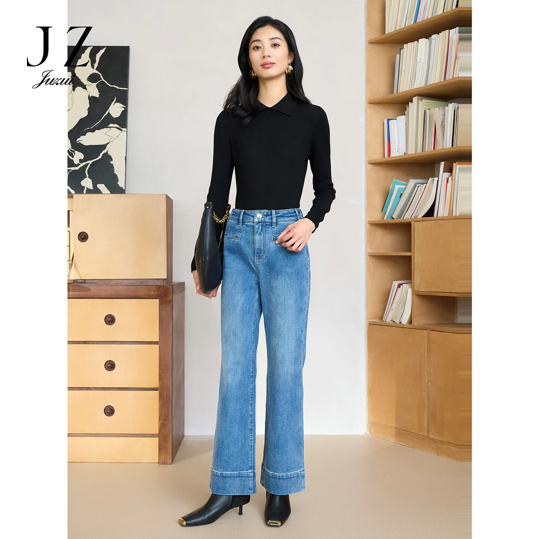 商场同款JZ玖姿时髦通勤修身牛仔微喇裤女2024冬季新款JWED12111