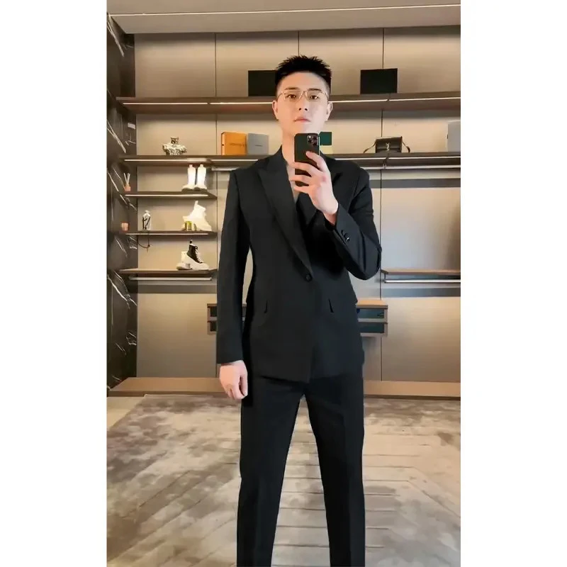 春秋新款高级修身英伦风商务休闲西服西裤套装