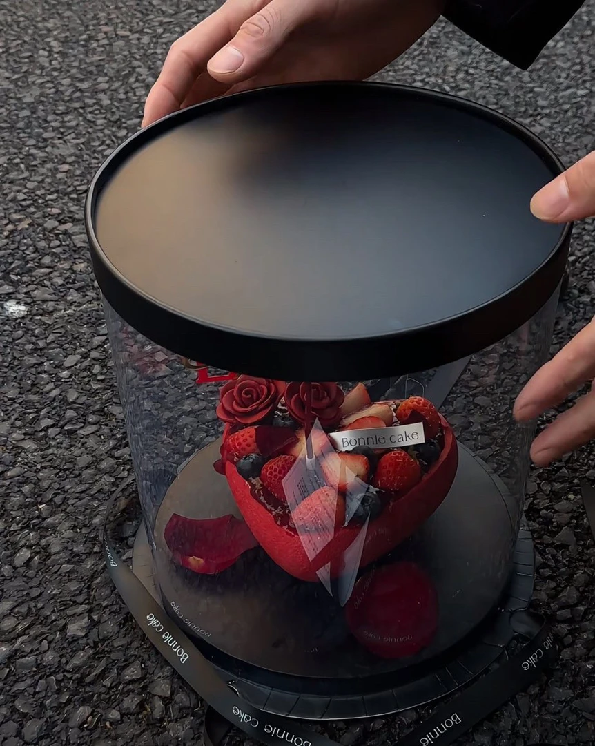 黑色圆形商用爱心蛋糕烘焙包装花艺包装防尘盒子生日蛋糕盒批发