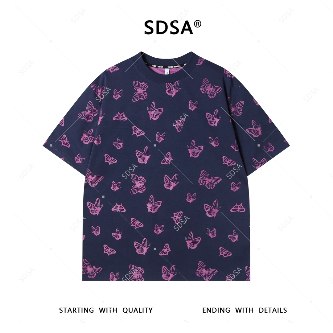 SDSA夏季新款男士痞帅设计师撞色满印割破蝴蝶圆领短袖T恤重工