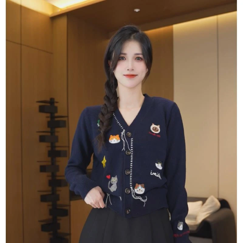 Gonim· "猫咪乐园‘’2025早秋针织网红女撞色门襟气质开衫女