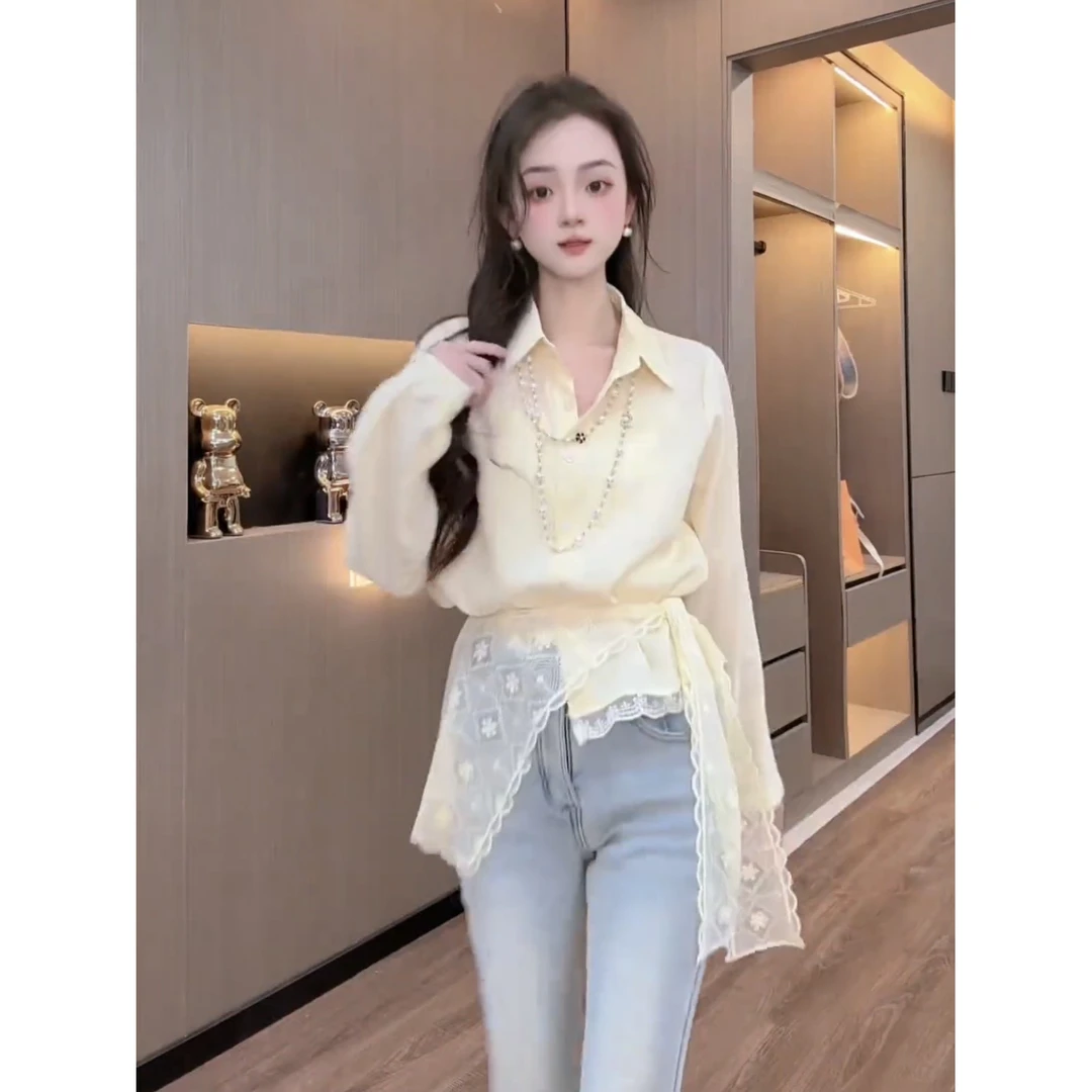 2025春季新款百搭蕾丝披肩+蕾丝边衬衫设计感小众叠穿黄色开衫