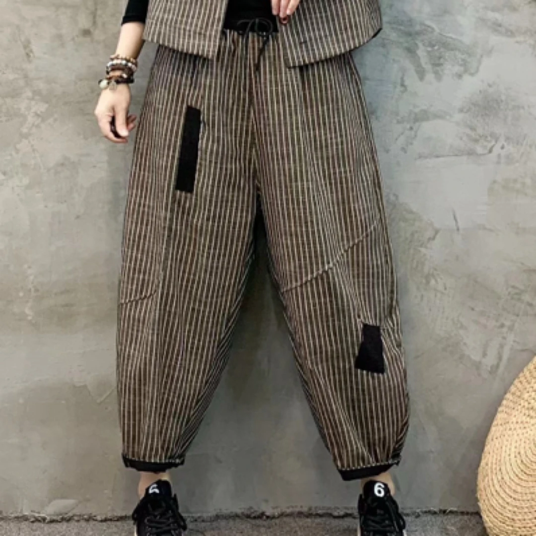 2025春季新款时尚洋气百搭休闲条纹裤子女显瘦宽松韩版复古文艺