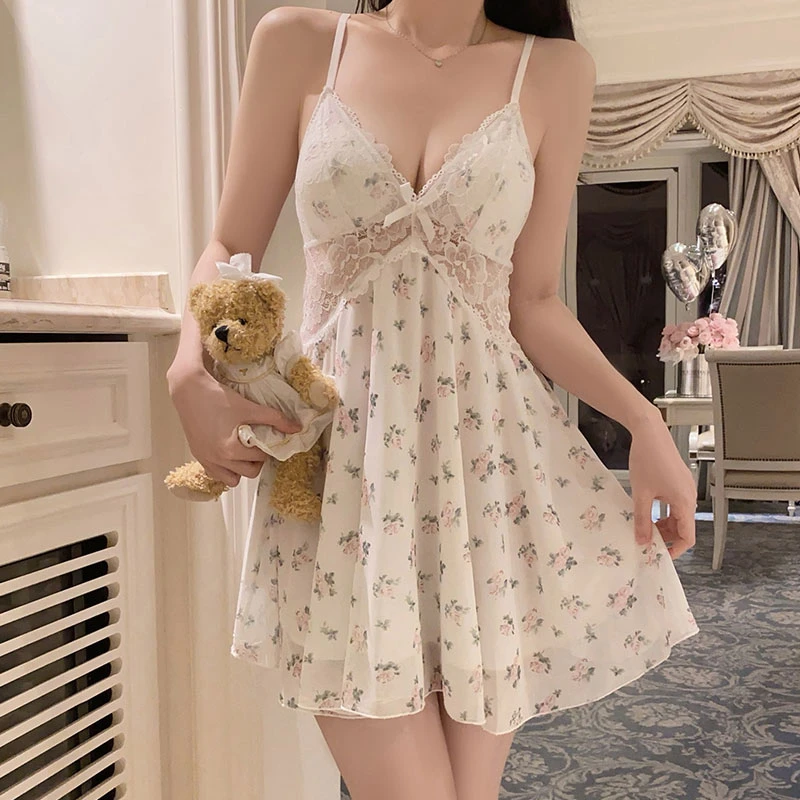 性感深v领吊带短裙夏季网纱蕾丝纯欲风睡衣甜美冰丝睡裙女带胸垫