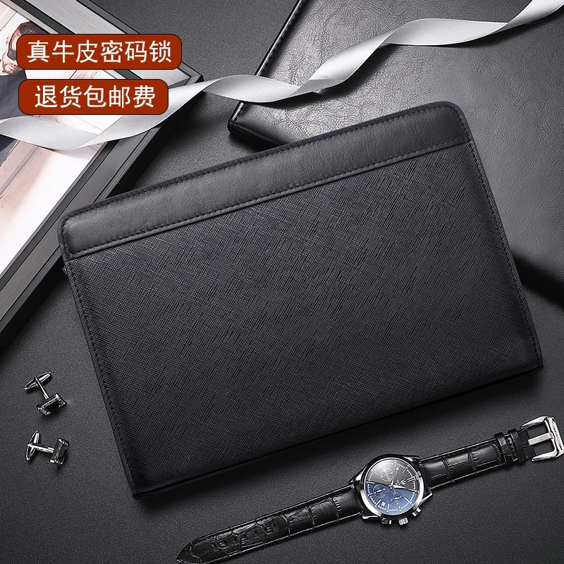 2025新款男士真皮无LOGO十字纹牛皮量密码锁绒布里料手挽包手拿包