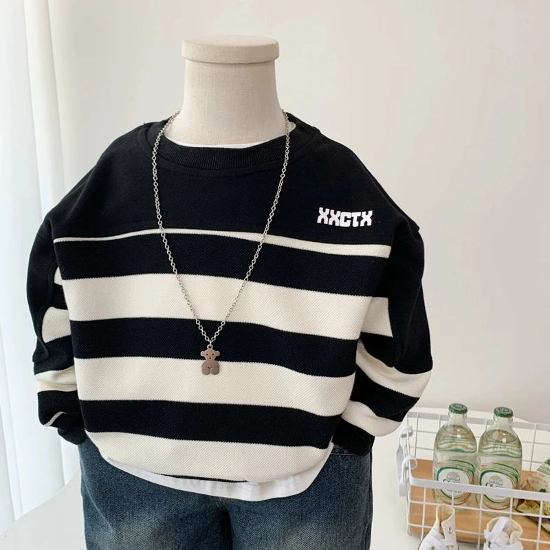 男童卫衣秋装儿童洋气条纹上衣2025新款男孩韩版宽松休闲套头衫潮