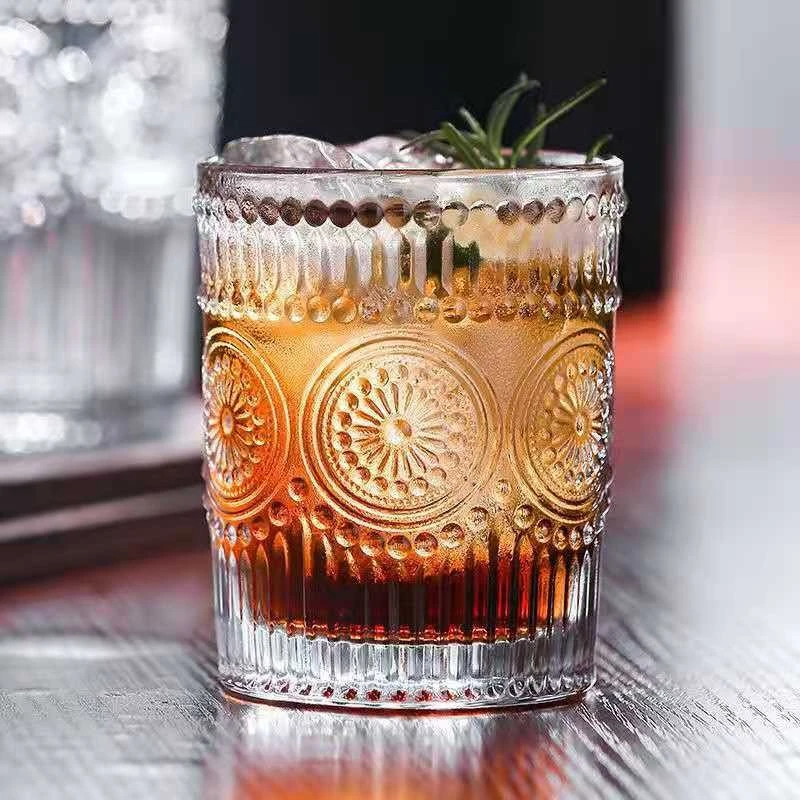 浮雕家用喝水杯子复古玻璃杯韩国ins透明冷饮杯洋酒杯威士忌