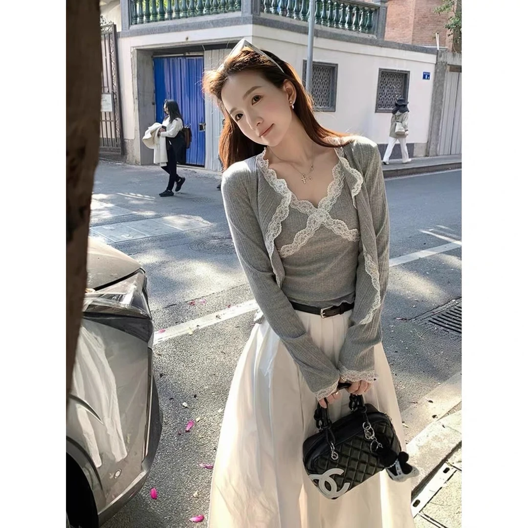 915温柔风三件套女蕾丝拼接背心+针织开衫+A字百褶半身裙配腰带