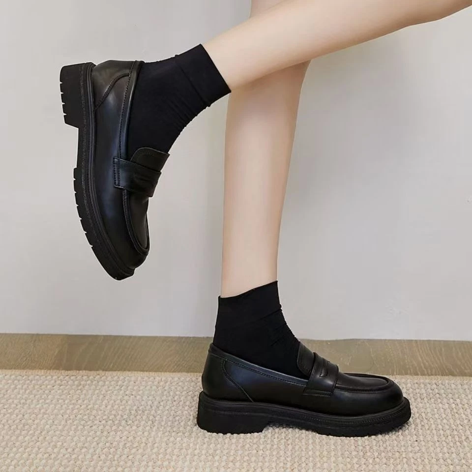 圆头软皮乐福鞋女鞋女厚底女小皮鞋春秋英伦风2025新款休闲百搭防