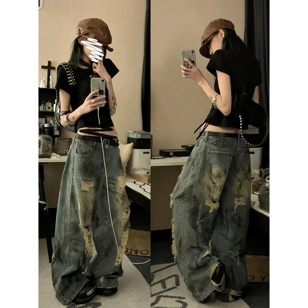 美式复古泼墨破洞牛仔裤女冬季2025新款设计感高腰显瘦阔腿拖地裤