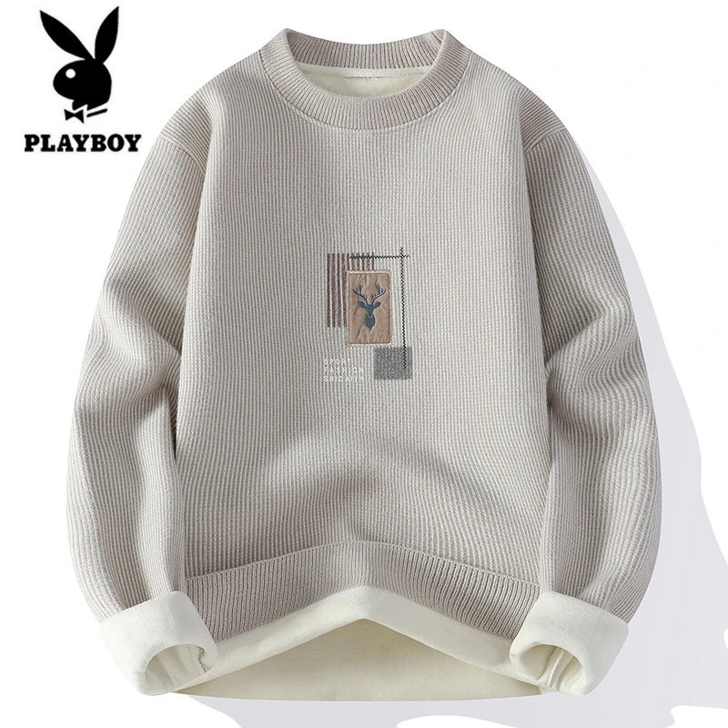 花花公子加绒毛衣男士加厚卫衣秋冬季2025新款保暖上衣针织打底衫