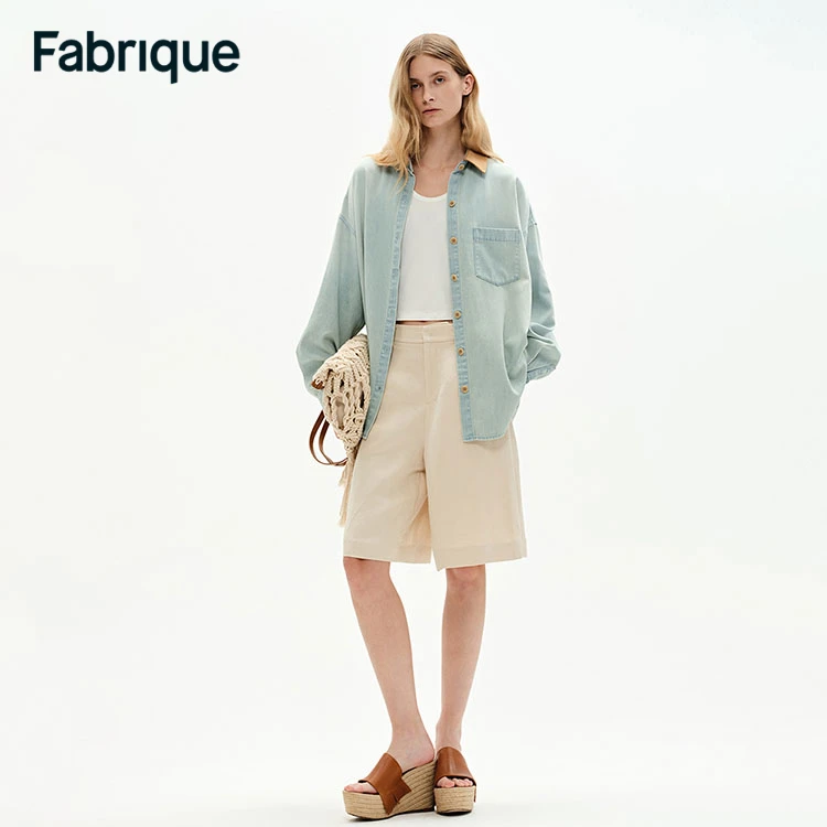 【Fabrique】 Myra 早春新款水洗浅蓝棉麻撞色翻领宽松轻薄牛仔衬衫